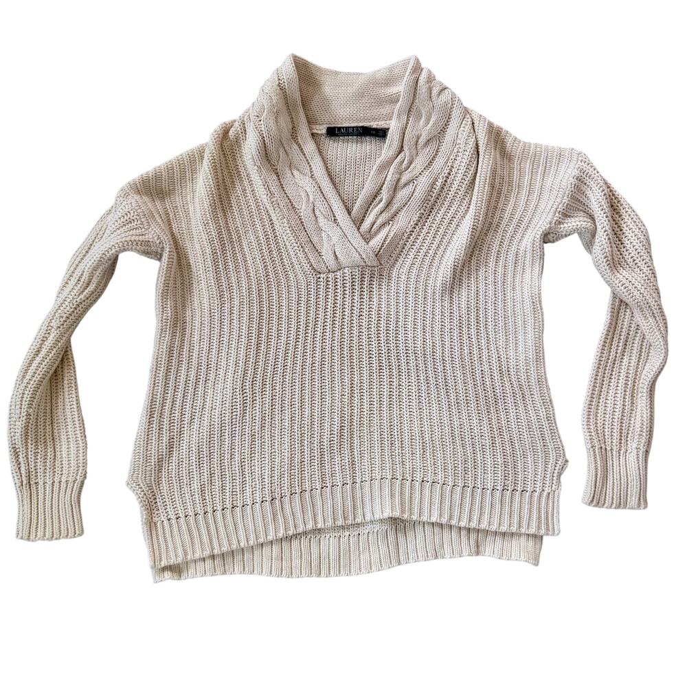 Ralph Lauren Women's XS Shawl Neck Chunky Knit Cream Sweater 100% Cotton